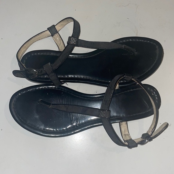 Coach Rolanda 7B black C front sandlas patent leather signature canvas T strap - Picture 3 of 10